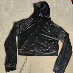 Victoria's Secret On Point Hoodie Women XS Black Velour Crop Zip Up Y2K